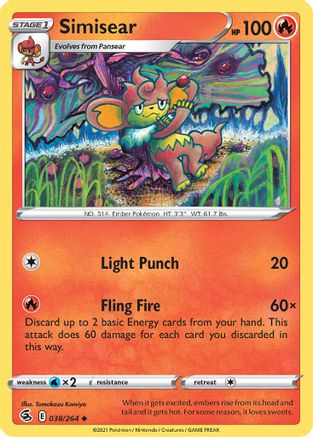 Simisear 038/264 - Reverse Holofoil SWSH08 Fusion Strike - Uncommon