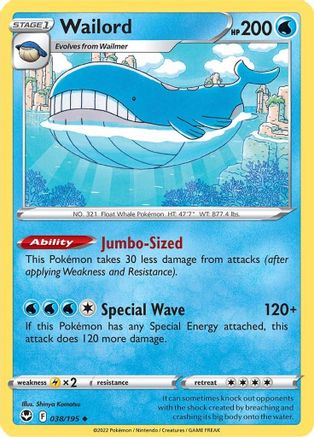 Wailord 038/195 - Reverse Holofoil SWSH12 Silver Tempest - Uncommon