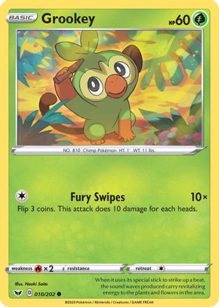 Grookey (010) 010/202  - Reverse Holofoil SWSH01 Sword & Shield Base Set - Common