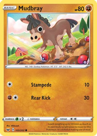 Mudbray 105/202  - Reverse Holofoil SWSH01 Sword & Shield Base Set - Common