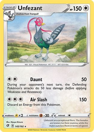 Unfezant 145/192  - Reverse Holofoil SWSH02 Rebel Clash - Rare