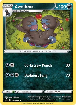 Zweilous 109/189  - Reverse Holofoil SWSH03 Darkness Ablaze - Uncommon