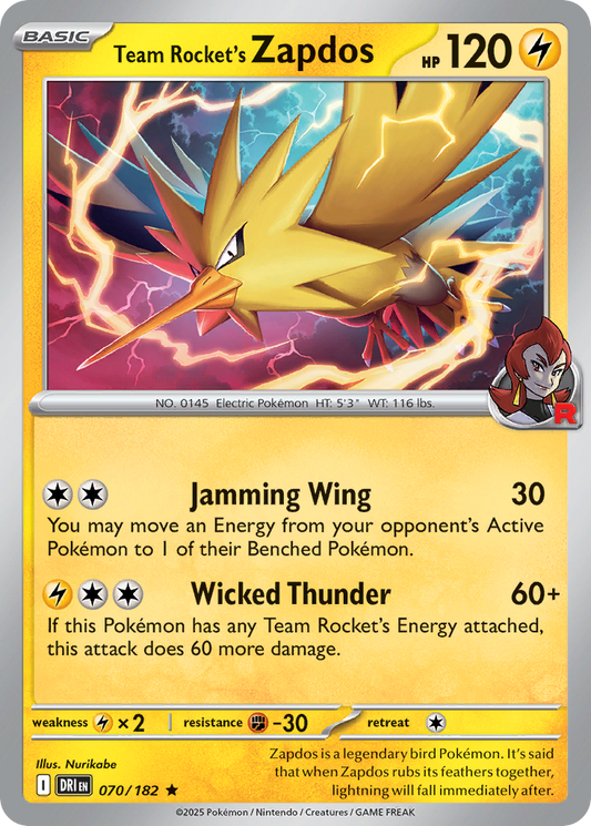 Team Rocket's Zapdos - 070/182 - Rare - Reverse Holofoil
