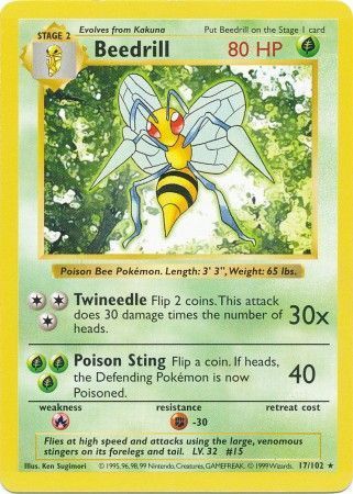 Beedrill - 017/102 - Rare - Shadowless - (VLP)
