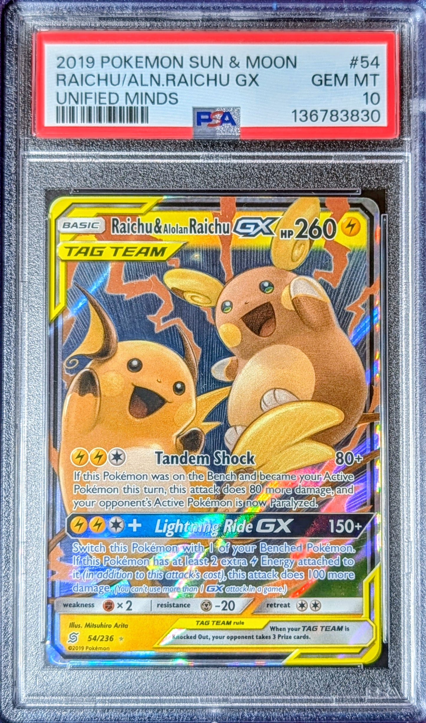 PSA 10 Raichu & Alolan Raichu GX 54/236