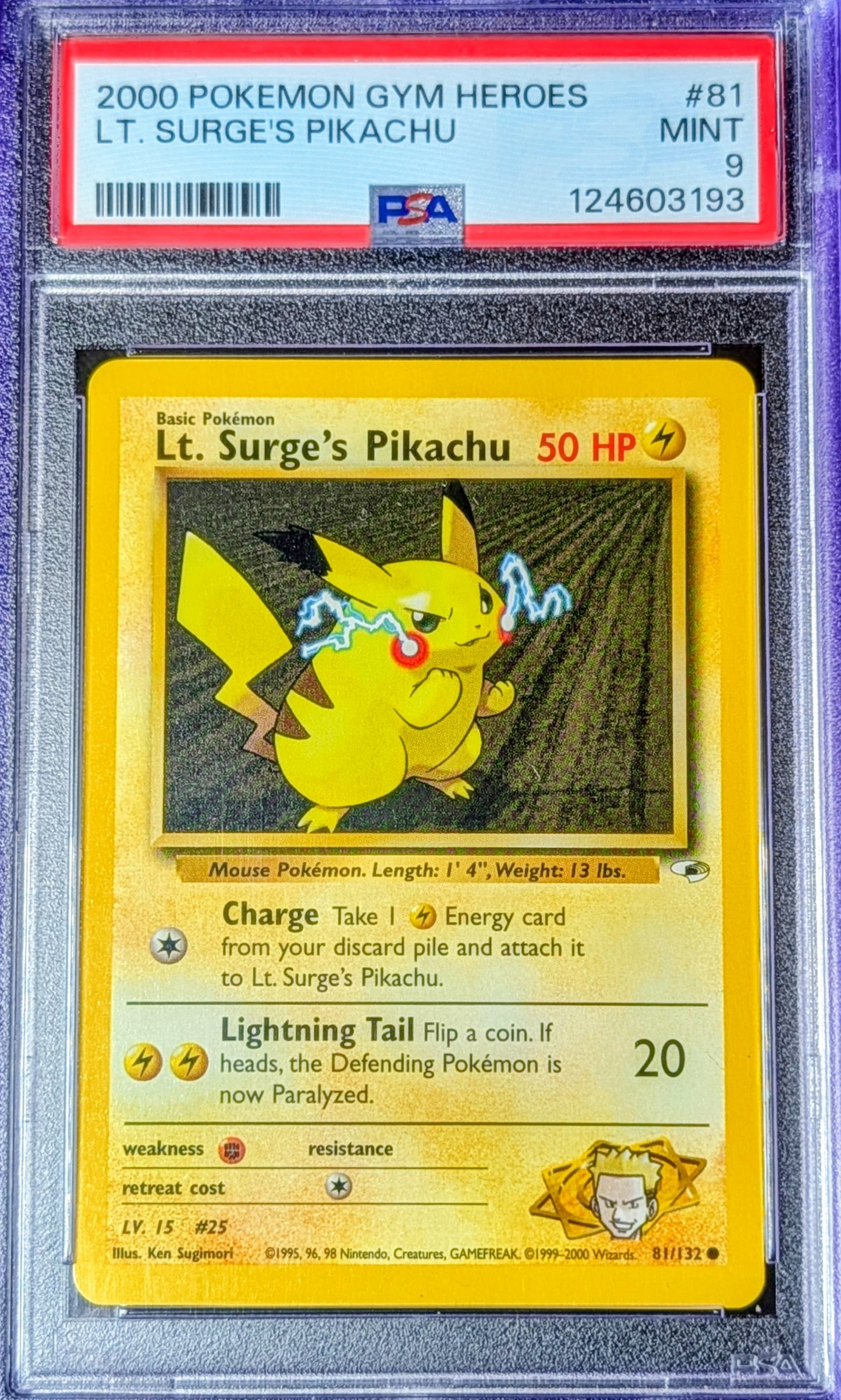 PSA 9 Lt. Surge's Pikachu 81/132